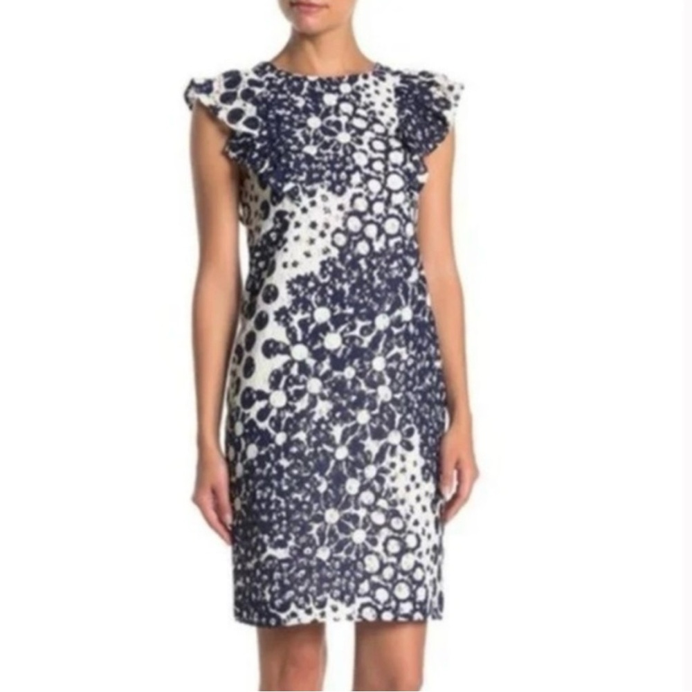 NWT Trina Turk Navy Blue & White Floral Polka Dot Lace Sheath Dress Size 12 - Picture 2 of 12